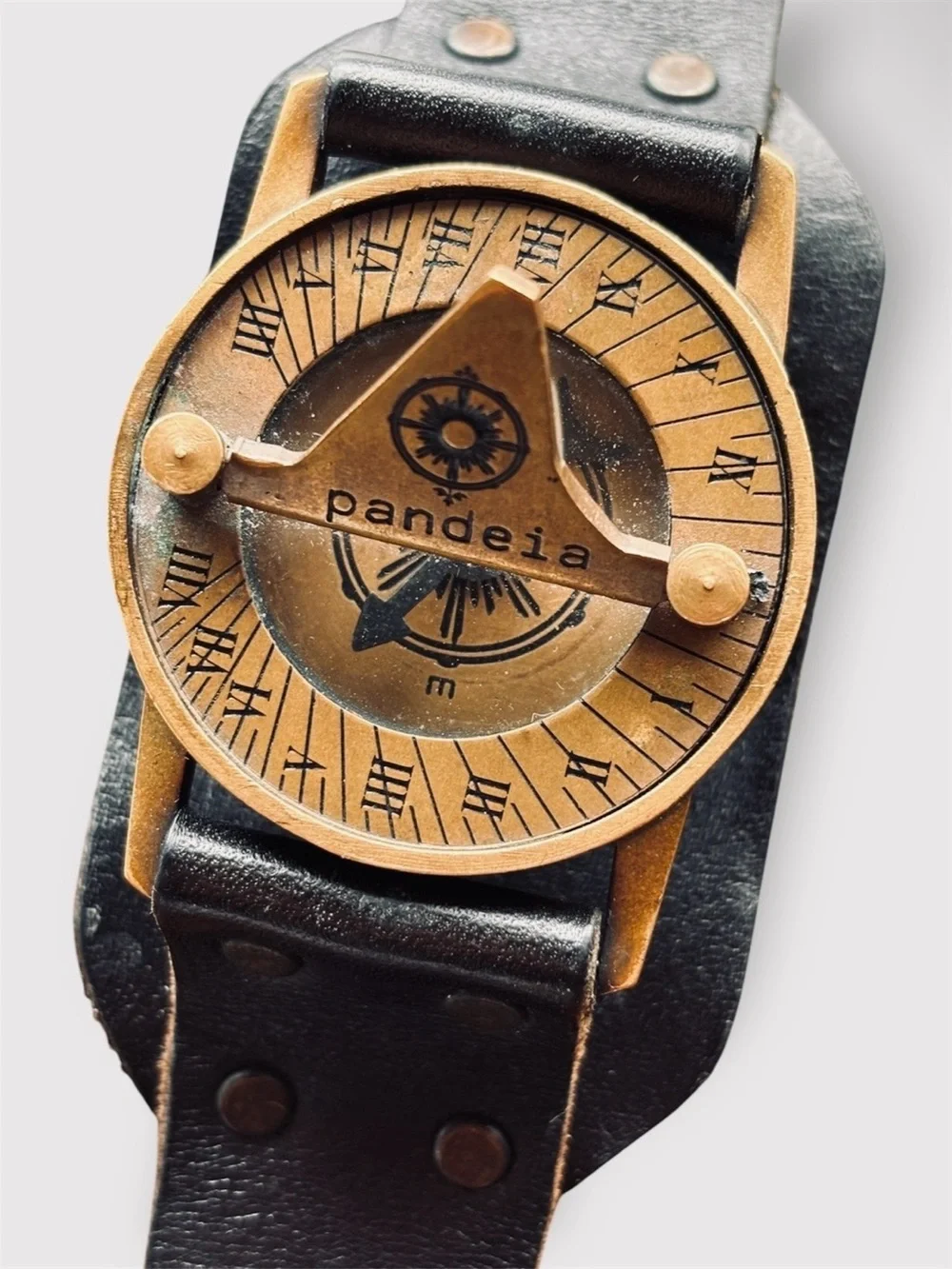 PANDEIA Sundial Watch Black Leather Cuff Bronze Roman Numeral Steampunk Artisan